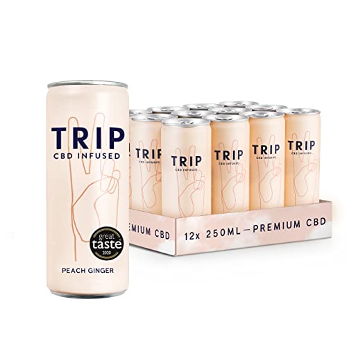 TRIP CBD Infused Fizzy Drinks (15 mg): Peach Ginger (Pack of 12 x 250 ml) | Low Calorie, Vegan, Gluten Free Hemp Cannabidiol CBD Can Drink | Feel More Calm, Less Stress, Sleep & Anxiety Relief - 250 ml (Pack of 12)