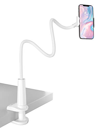 TRYONE Gooseneck Phone Holder Stand for Bed Flexible Arm Adjustable Cell Phones Mount Clamp on Desk Compatible with iPhone 12 Pro 12 11 Pro Xs 8 7 6 | Samsung S21 or Other 4"-7" Devices - White