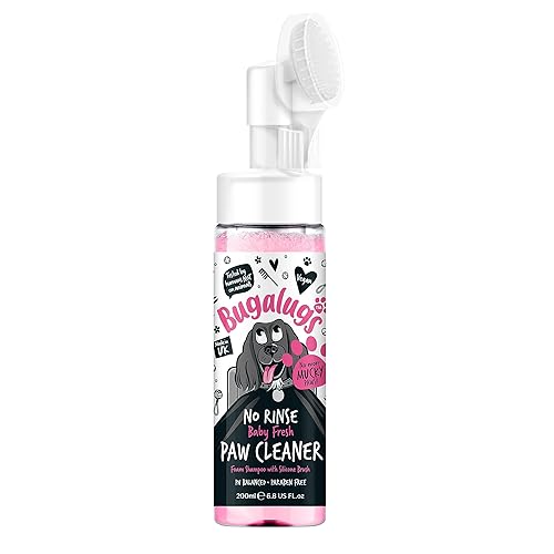 BUGALUGS Dog Paw Cleaner No Rinse Foam Cat & Dog shampoo with Silicone Brush Head, waterless grooming products. Travel friendly paw cleaner for dogs defeat muddy paws on the go (Baby Fresh) - Baby Fresh