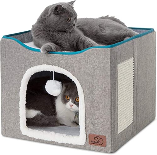 Bedsure Cat Beds for Indoor Cats - Large Cat Cave for Pet Cat House with Fluffy Ball Hanging and Scratch Pad, Foldable Cat Hideaway,16.5x16.5x14 inches, Grey - Grey