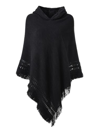 Ferand Ladies' Hooded Cape with Fringed Hem, Crochet Poncho Knitting Patterns for Women - Black