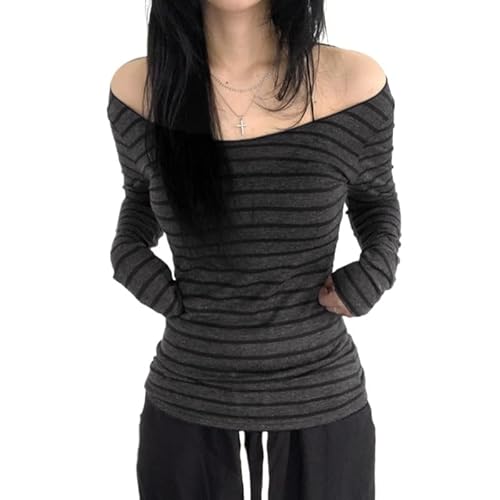 Womens Long Sleeve Grunge Aesthetic Shirts Striped Off Shoulder Tops Teen Girls Alt Emo Goth Streetwear Y2k Clothes - Dark Grey - Large