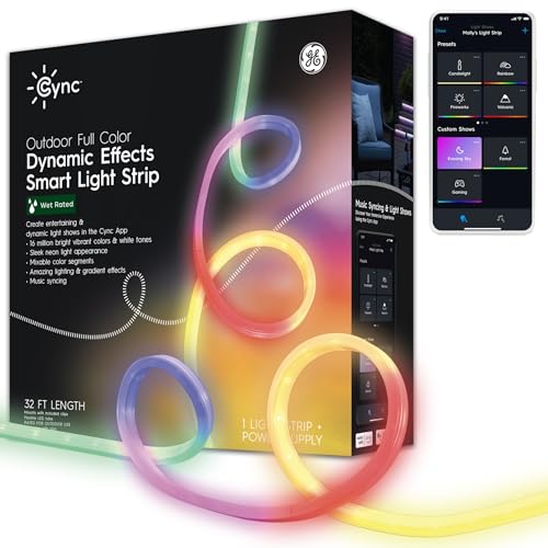 GE CYNC Dynamic Effects Smart LED Light Strip with Music Sync, Outdoor Color Changing Waterproof Lights, Patio Lights and Décor, Works with Amazon Alexa and Google, 32 ft - Outdoor - 32 Foot
