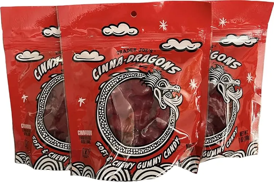 Trader Joe's Cinna-Dragons Cinnamon Flavored Hot Spicy Soft & Chewy Gummy Candy (Pack of 3)