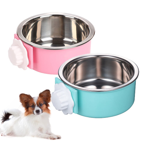 kathson Crate Dog Bowl, Removable Stainless Steel Hanging Pet Cage Bowl Food & Water Feeder Coop Cup for Cat, Puppy, Birds, Rats, Guinea Pigs 2pcs(Blue,Pink) - 2pcs(blue,pink)