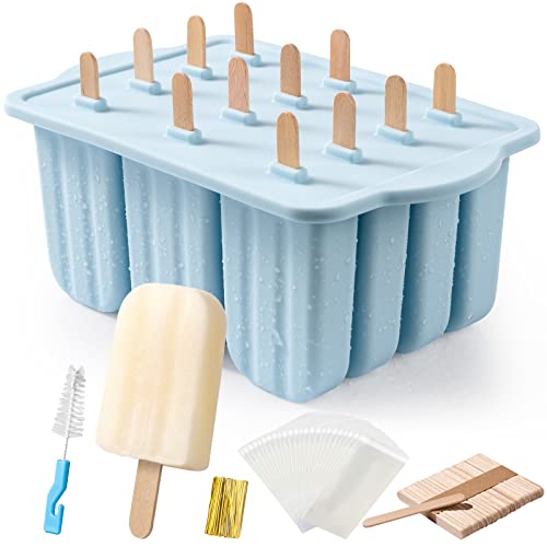 Popsicles Molds, MEETRUE 12 Pieces Silicone Popsicle Molds Easy-Release BPA-free Popsicle Maker Molds Ice Pop Molds Homemade Popsicle Ice Pop Maker with 50PCS Popsicle Sticks+Cleaning Brush - 12 Cavties-Blue