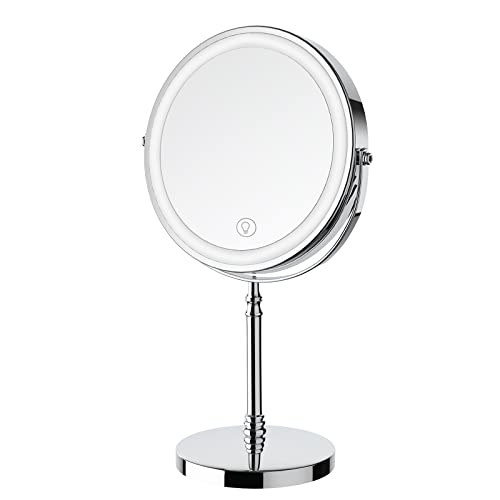Lighted Makeup Mirror, 8" Rechargeable Double Sided Magnifying Mirror with 3 Colors, 1x/10x 360° Rotation Touch Screen Vanity Mirror, Brightness Adjustable Magnification Cosmetic Light up Mirror - Chrome