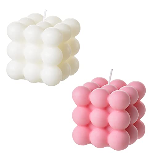 ACITHGL Bubble Candle - Cube Soy Wax Candles, Home Decor Candle, Scented Candle Set 2 Pieces, Home Use and Gifting (White+Pink) - White+Pink