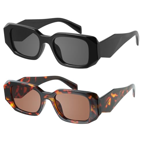 mosanana Trendy Rectangle Sunglasses for Women Men-Goulding - Pack-c1+c2 Black+tortoise