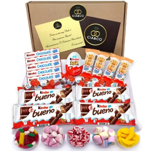 Lote envuelto para Regalo con +25 Chocolates Kinder y 450 grs de Chuches sin Gluten. Con Tarjeta Dedicada Personalizada y Kinder Chocolate, Kinder Bueno, Huevo Joy, Happy Hippos, ChocoBons y Golosinas