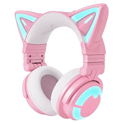 YOWU RGB Cat Ear Headphone 3G Wireless 5.0 Foldable Gaming Pink Headset with 7.1 Surround Sound, Built-in Mic & Customizable Lighting and Effect via APP, Type-C Charging Audio Cable -Pink - Pink