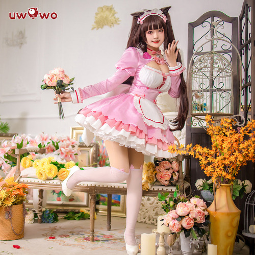 【In Stock】Uwowo Game Nekopara vol.4 Chocola Maid Dress Cosplay Costume Cute Pink Dress - Set A XL