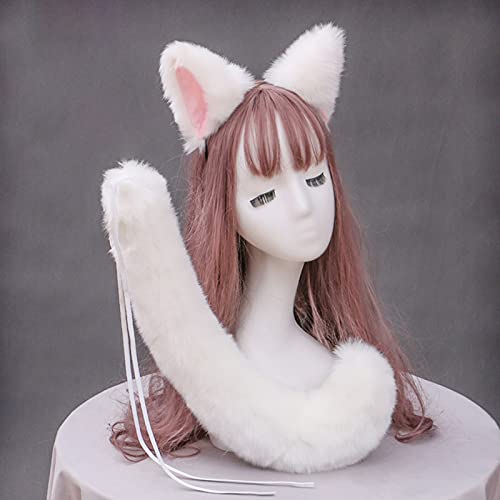 Faux Fox Ears Headband and Tail Set Halloween Animal Cosplay Hair Hoop Soft Faux Fur Fluffy Headband Fancy Dress Costume for Kids Adult Halloween Party - White