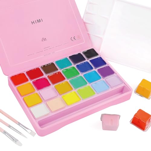 INK LAB HIMI Gouache Paint Kit 24 Vibrant Colors Non Toxic Paints Jelly Cup Design with Paint Brushes Palette Portable for Professional Artists, Rich Pigment, 30ml/Cup - Pink 24Colors