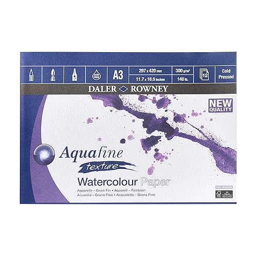 Daler-Rowney Aquafine Textured Cold-Pressed Watercolour & Gouache 300gsm A3 Paper Pad, Glued 1 Side, Natural White, 12 Sheets, Ideal for Professional & Beginner Artists & Students, Acid-Free - TEXTURE PAD A3 (12SH) - Single