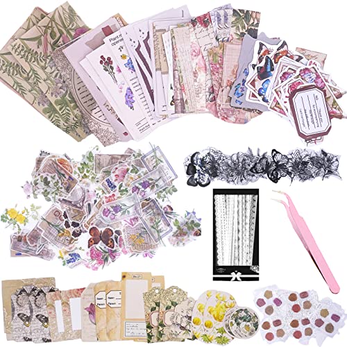 290pcs Aesthetic Scrapbooking Stickers Paper Pack, DIY Decorative Retro Flowers Journaling Supplies Kit for Scrapbook Journal (Retro Flower Life) - Retro flower style