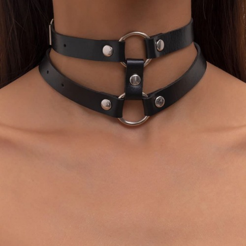 Obmyec Black Leather Choker Punk Short Collar Gothic 2-tier Circle Necklace Soft PU Leather Short Neck Accessories for Women and Girls