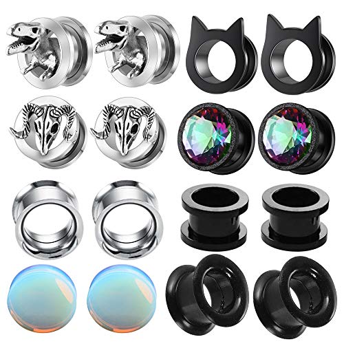 TIANCI FBYJS 8 Pairs CZ Gems Ear Tunnels Plugs Gauges Stainless Steel Tyrannosaurus Expander Stretcher Piercings Opal Glass Silicone Black Dinosaur - 10mm=00g