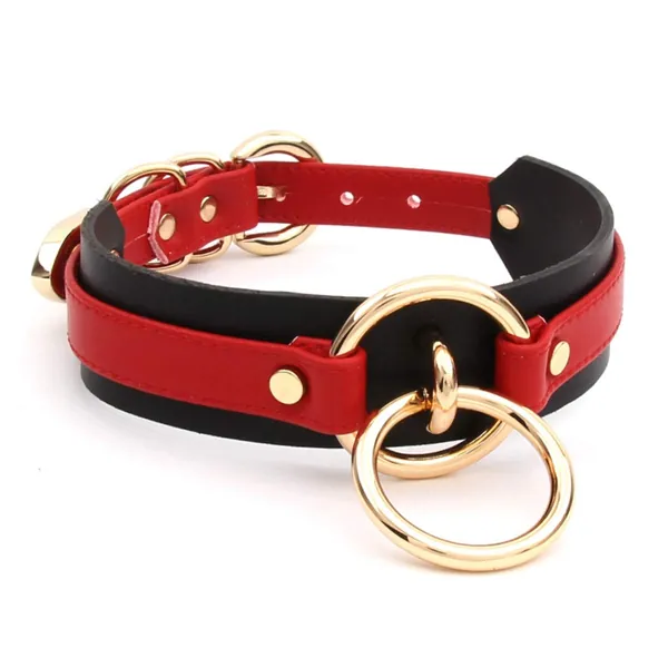 lalatia Handmade Womens Double O Ring Faux Leather Choker Collar Necklace - Black Red + Gold