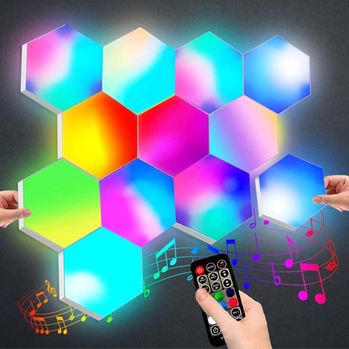 Hexagon Lights RGB Sync with Music, Smart LED Wall Lights with RF Remote Built-in Mic,16 Million Colors Modular Light Panels DIY Geometry Splicing Night Light for Gaming Setup/Bedroom/Bar/Cafe, 6 Pack