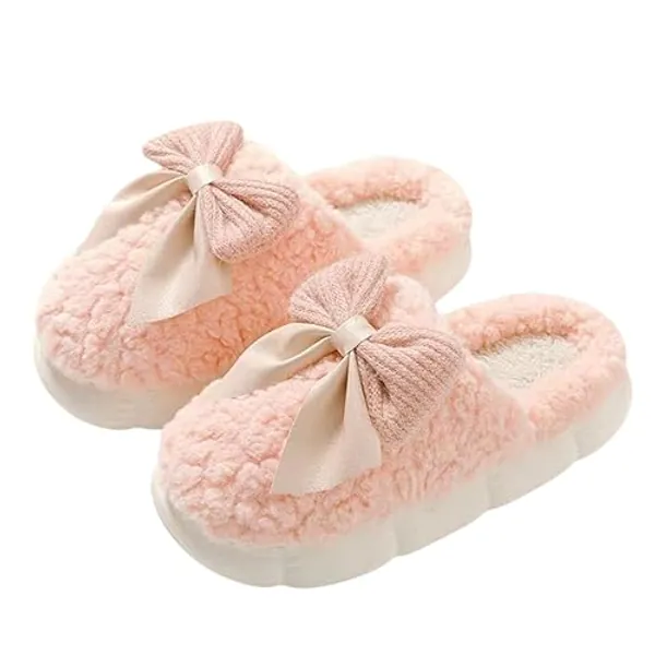 FRZTOUR Plush Cute Bow Slippers for Women – Furry Comfy Indoor Outdoor Non-Slip House Slippers - 6.5-7.5 - Pink