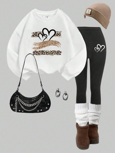 SHEIN Essnce 2pcs Set: Casual Loose Crew Neck Sweatshirt And Skinny Leggings Pants, Autumn/Winter