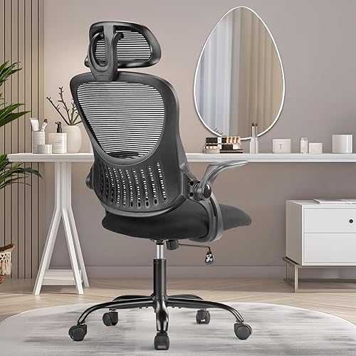 SMUG Home Office Desk Chair, Ergonomic Computer Managerial Executive Chairs High-Back Work Swivel Task Chairs with Wheels, Lumbar Support, Comfy Flip-up Armrest for Gaming, Study, Student, Black - Black - Flip-up Armrest