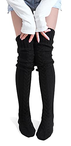 Pcavin Women's Thigh High Socks Over the Knee Cable Knit Boot Socks, Long Warm Fashion Leg Warmers Winter - 1pcs-black1