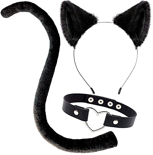 OLYPHAN Cat Ears and Tail Costume Accessories Anime Ear Clips Headband Black Tail Long & Heart Choker for Cosplay Cat Costume Set Animal Ears Hair Clip for Women, Halloween, Neko Accessory Kit