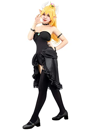 C-ZOFEK Princess Koopa Bowsette Cosplay Costume Black Dress with Rivets - S