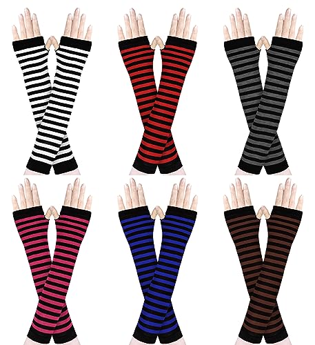 Amandir Long Fingerless Gloves for Women Arm Warmers Knit Thumbhole Stretchy - Striped Dark (6 Pack)