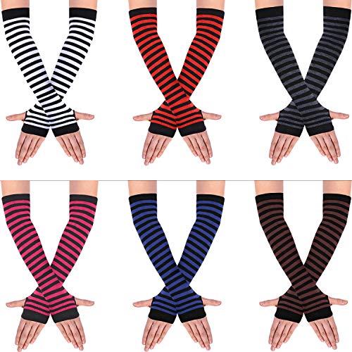 SATINIOR 6 Pairs Long Fingerless Gloves for Women Knit Thigh High Striped Arm Warmer Thumb Hole Stretchy Gloves - Diversified Color