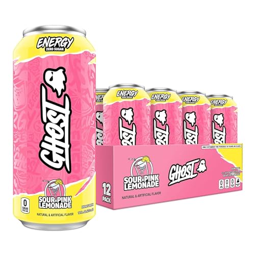 GHOST Energy Drink - 12-Pack, Sour Pink Lemonade, 16oz Cans - Energy & Focus & No Artificial Colors - 200mg of Natural Caffeine, L-Carnitine & Taurine - Gluten-Free & Vegan - Sour Pink Lemonade