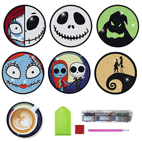 6 PCS Diamond Painting Coasters Kits, DIY Cool Cartoon Jack Skull Diamond Art Coaster Sets for Beginners Adults and Kids Art Craft Supplies - Jack-6 Pcs
