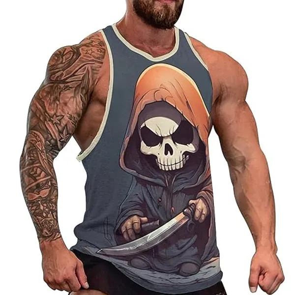HOTYD Mens Cotton Tank Tops Skull Graphic Stringer Tops Casual Summer Cutoff T-Shirts Moisture Wicking Work Out Tops - Medium - Assassin