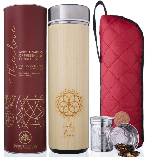 The Love Bamboo Tea Tumbler with Infuser + Strainer 18 oz for Loose Leaf Tea, Coffee & Fruit Water. Vacuum Insulated Travel Bottle. Leak Proof + BPA Free