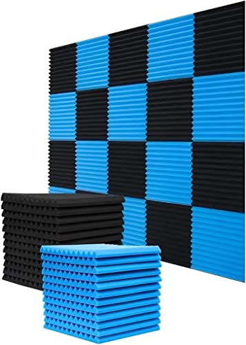 YDHTDLHC 52 Pack Acoustic Foam Panels ,1" x 12" x 12" Black/BLUE Acoustic Wedge Studio Foam Sound Absorption Wall Panels - BLACK/BLUE
