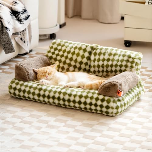 Pet Couch Bed, Washable Cat Beds for Medium Small Dogs & Cats up to 25 lbs, Dog Beds with Non-Slip Bottom, Fluffy Cat Couch, 26×19×13 Inch (Green) - Green