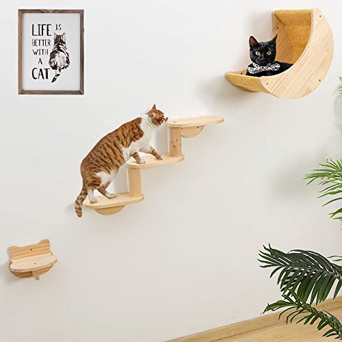 HAPYKITYS Cat Shelf for Wall Mount Hammock with 3-Levels Climbing Ladder and Shelves Moon Cats Wall Furniture for Activity Indoor Kitty (3-Levels Steps) - Moon hammock with 3-levels step and small shelf