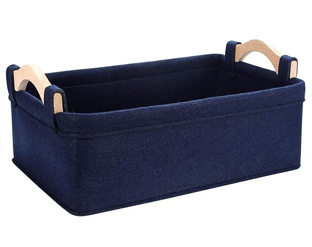 Navy Blue Collapsible Felt Fabric Basket - Soft Storage Bins for Books, Magazines, Newspapers - 14.8 x 10 x 5.1 Inch (Pack of 1) - Navy Blue