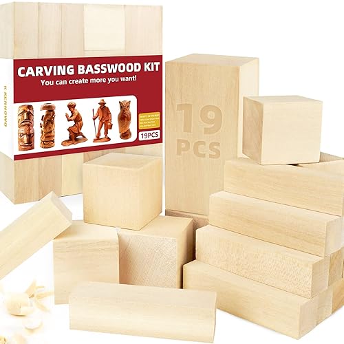 Basswood Carving Blocks, 19PCS Whittling Wood Blocks Wood Carving Kit with 3 Different Sizes, Bass Wood for Wood Carving Easy to Use, for Kids and Adults - 19PCS