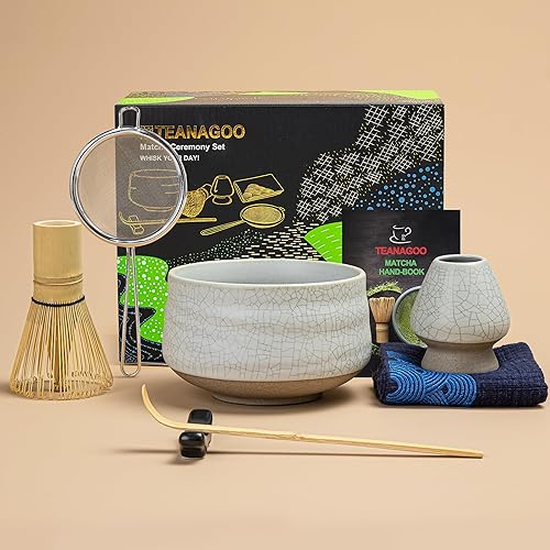TEANAGOO Matcha Whisk Set, 7 Pcs Matcha Set, Matcha Kit for Ceremony, Matcha Tea Set for Making Breakfast/Latte, Matcha Whisk Set and Ceramic Bowl with All Accessories, Gift for Matcha Lover - Ruware Set - Ivory White With Black Seam 1