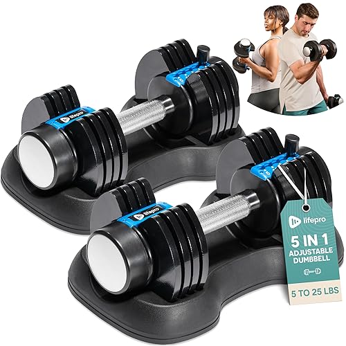 Lifepro Adjustable Dumbbells Set/Single - 15lb 43lb 55lb 25 lb Dumbbell Sets with Rack - Quick Adjust, Secure Grip weights dumbbells set - Compact Hand Weights for Women/Men at Home Gym - 25Lbs Pair Adjustable