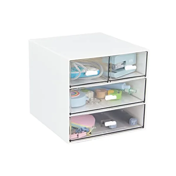 LETURE Desk Organizer with 4 Drawers, Clear Plastic Desk Storage Box, Desktop Organization for Office Supplies, Gel Pens, Pencils, Markers, Tape, Erasers, Paperclips, Chargers (White-4 Draws)
