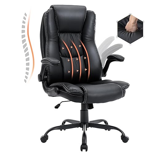 High Back Big and Tall Office Chair, Breathable Leather Executive Chair, Ergonomic Home Computer Desk Chair with Flip-up Arms, Comfortable Double Thickening Padded Office Chair for Long Time Seating - Upgrade Black