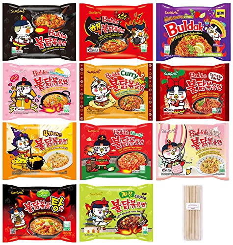 Samyang Spicy Hot Chicken Ramen 11 Flavor Variety Pack - FREE Chopsticks - Korean Buldak Ramen Noodles (11 Pack)