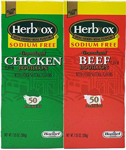 Herb-Ox Sodium Free Bouillon Bundle,`Beef and Chicken, 100 Total Packets - Beef,Chicken - 14.1 Ounce (Pack of 1)