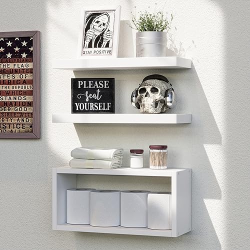 RICHER HOUSE White Floating Shelves Set of 3, Modern Bathroom Shelves Wall Mounted Shelves for Wall Decor, Over Toilet White Wall Shelves for Bathroom Bedroom, Living Room, Kitchen - White - White - 2+1