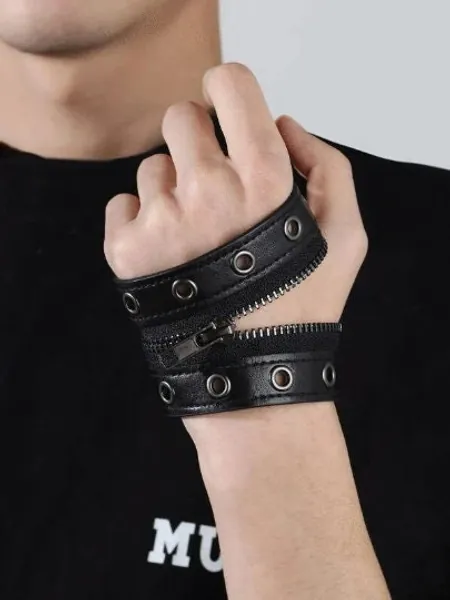 Men Zipper Bracelet - Gothic Punk Rock - Techwear - Cyberpunk Jewelry Accessory- Women Anime Cosplay - Black Leather Cuff Cuspidal
