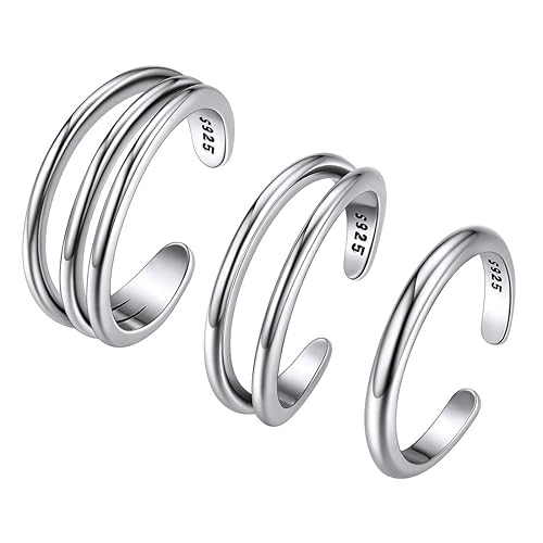 ChicSilver 925 Sterling Silver Toe Ring Minimalist Hypoallergenic Adjustable Band Ring Summer Beach Bare Foot Jewelry - L: Simple Rings Set (3PCS)